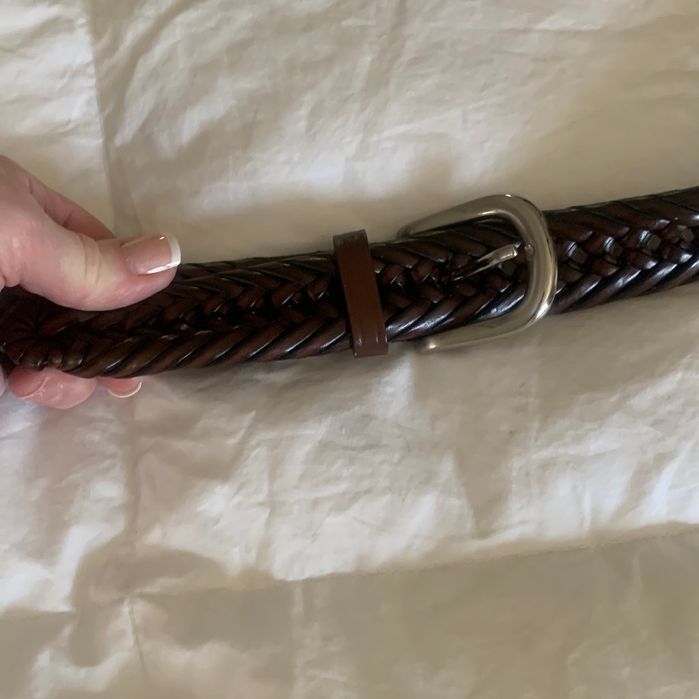 42” leather woven belt Like new sturdy 1.14” wide  Lands End 47” long braided